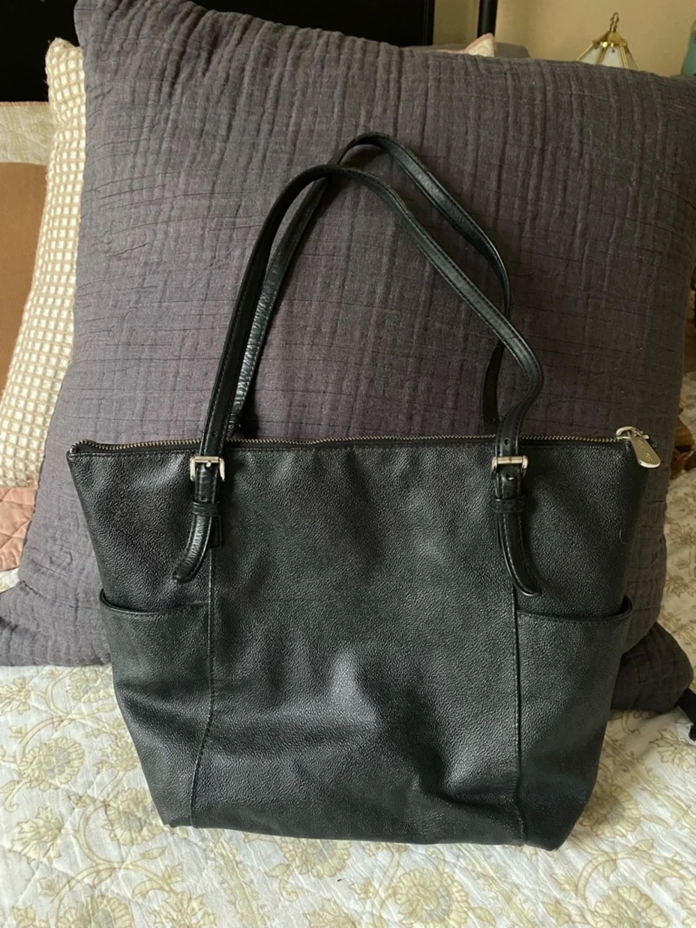 Michael Kors Black Leather Tote with Signature MK Pendant — Medium size